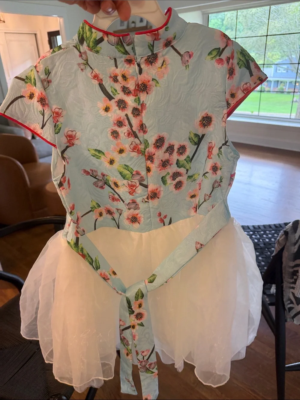 Girls Floral Cherry Blossom Chinese New Year Dress with Cream Tulle Skirt